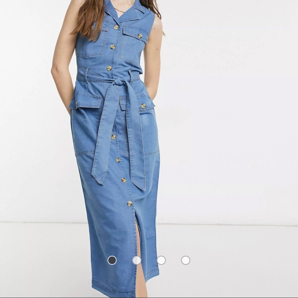 Warehouse belted pocket utility dress light wash denim